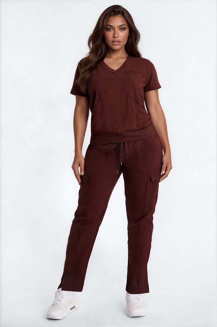 Pretty In Practice Scrub V Neck Top - Chocolate
