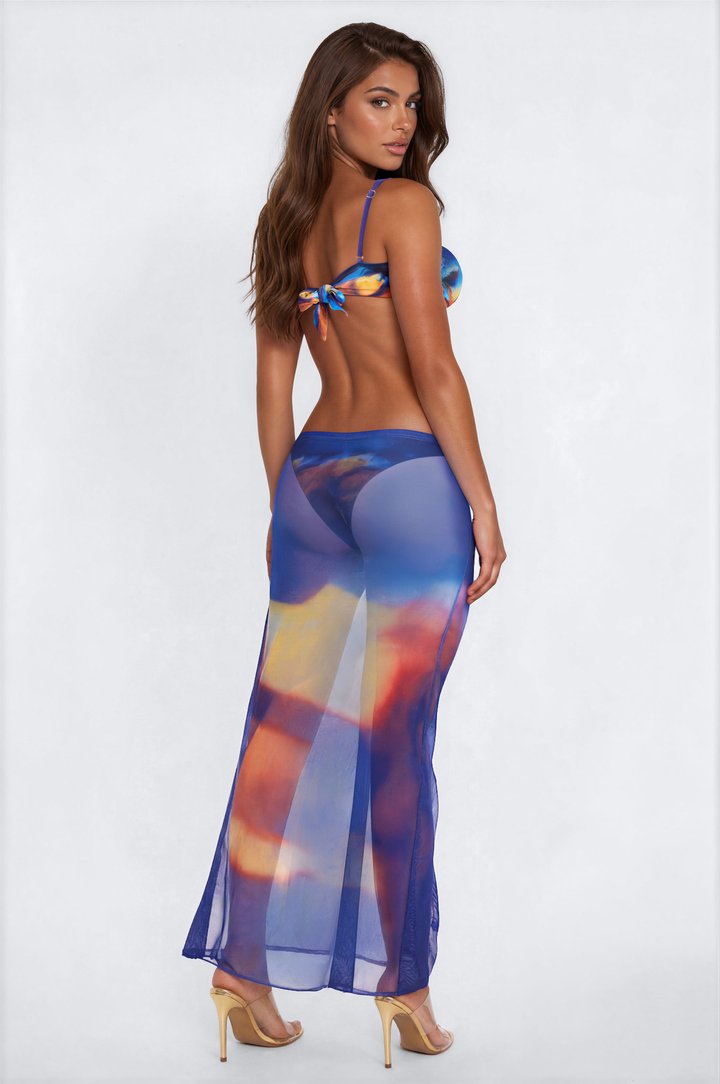 Nico Abstract 3 Piece Underwire Bikini & Mesh Cover Up Maxi Skirt Sunsuit - Blue/combo