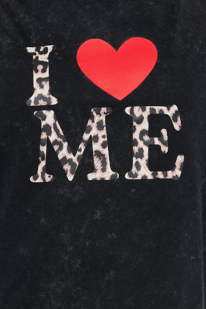 I Love Me Leopard Washed Oversized Tee - Black