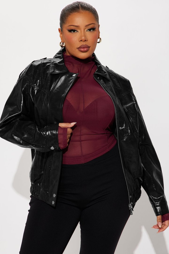 Follow My Lead Faux Leather Oversized Bomber Jacket - Black