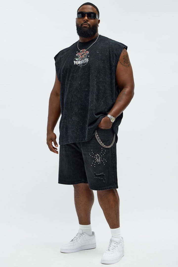 Relaxed Studded Spider Denim Shorts - Black Wash