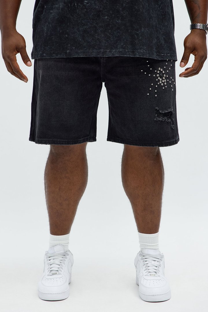 Relaxed Studded Spider Denim Shorts - Black Wash
