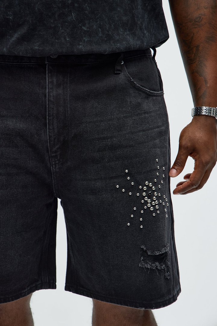 Relaxed Studded Spider Denim Shorts - Black Wash