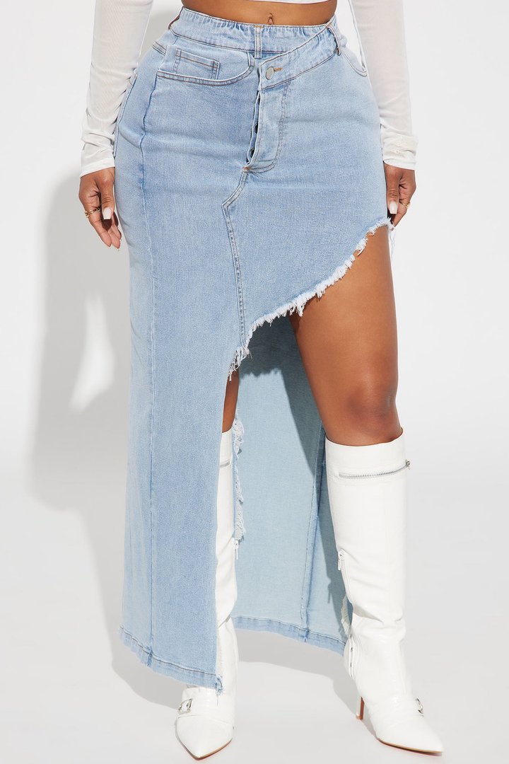 Mixed Signals Denim Maxi Skirt - Light Wash