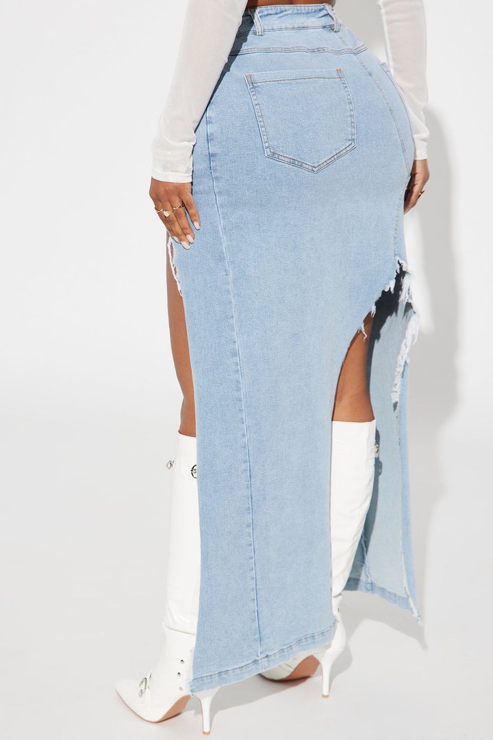 Mixed Signals Denim Maxi Skirt - Light Wash