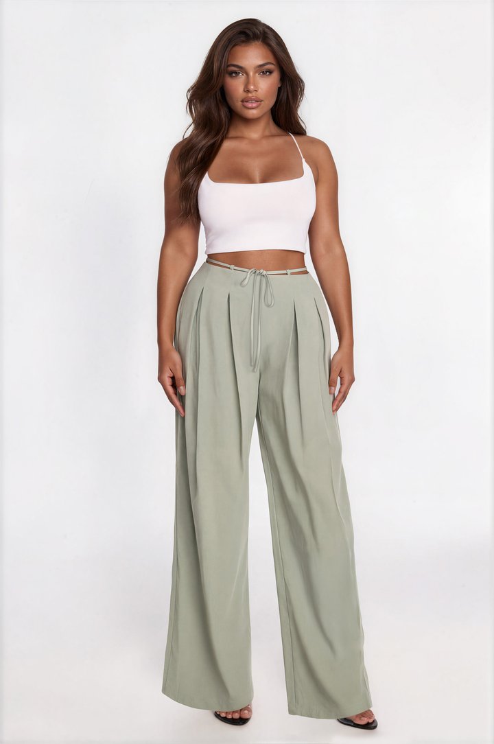Halle High Rise Tie Waist Pleated Trouser - Sage