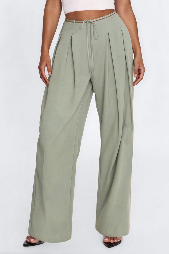Halle High Rise Tie Waist Pleated Trouser - Sage
