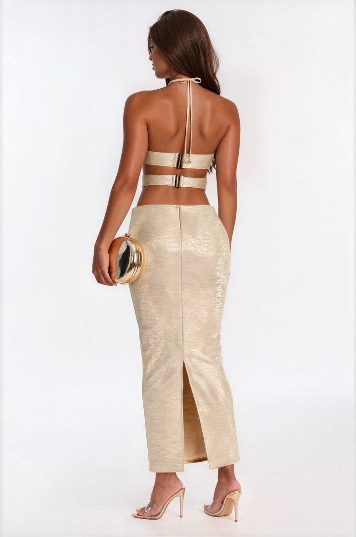 Gilded Muse Metallic Bandage Maxi Dress - Gold