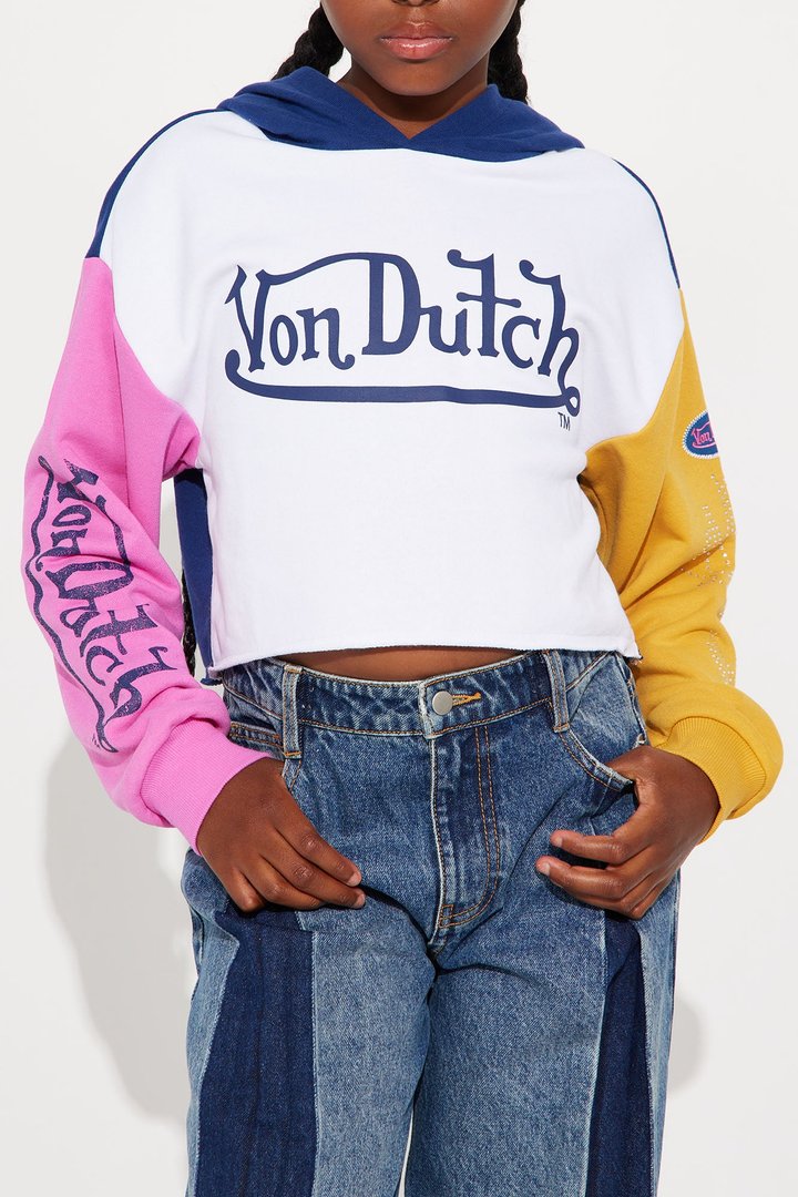 Mini Von Dutch Rhinestone Colorblock Cropped Hoodie - Multi Color