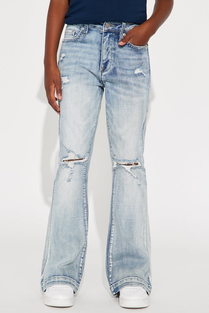 Mini Key Figure Ripped Stretch Flare Jeans - Medium Wash