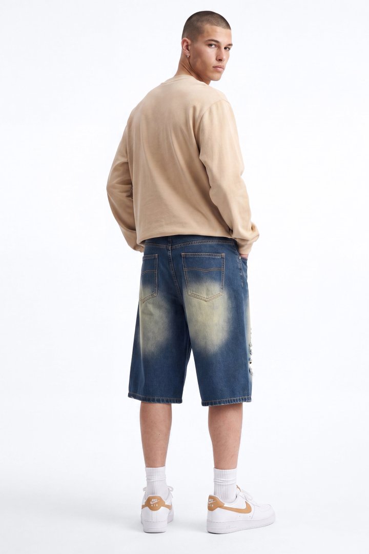 Destructed Apex Baggy Denim Short - Dark Wash