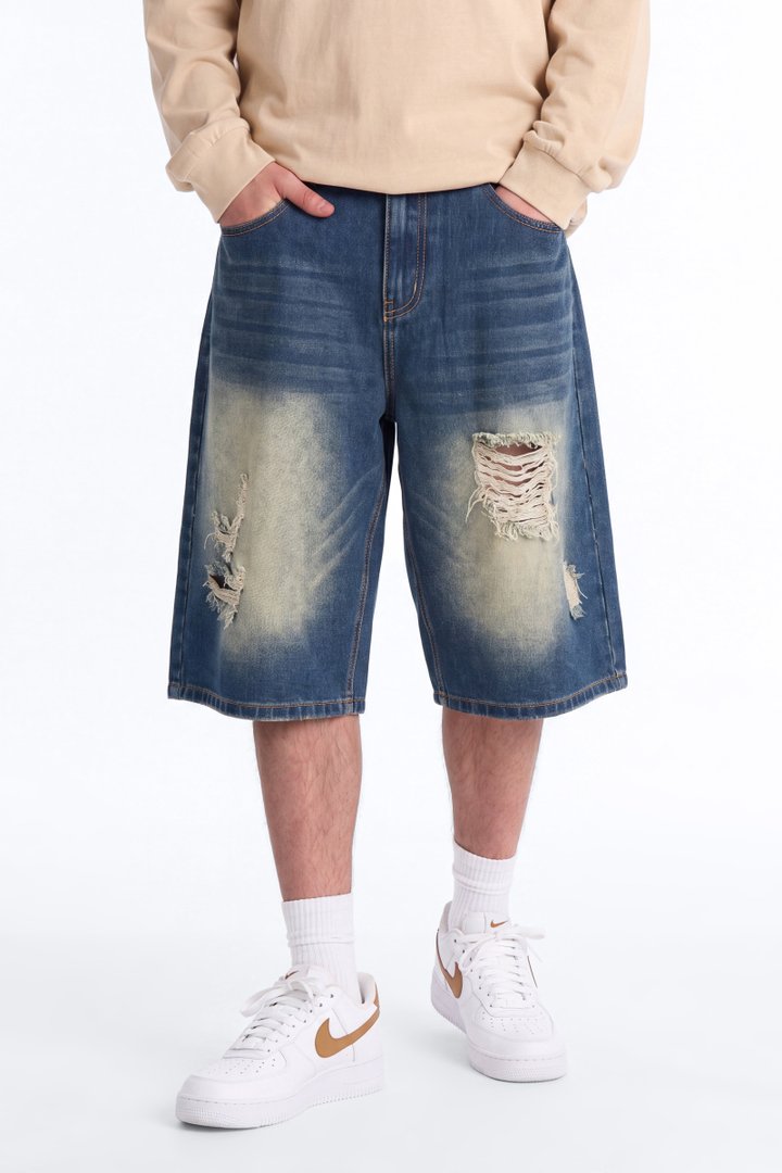 Destructed Apex Baggy Denim Short - Dark Wash