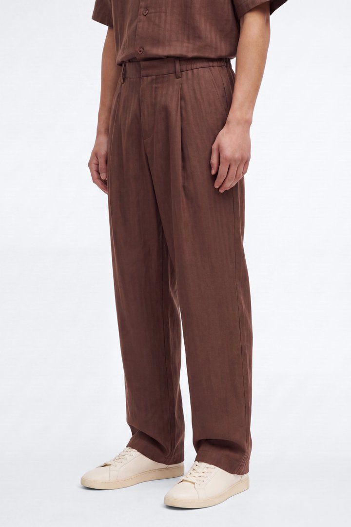 Linen Herringbone Relaxed Pant - Brown