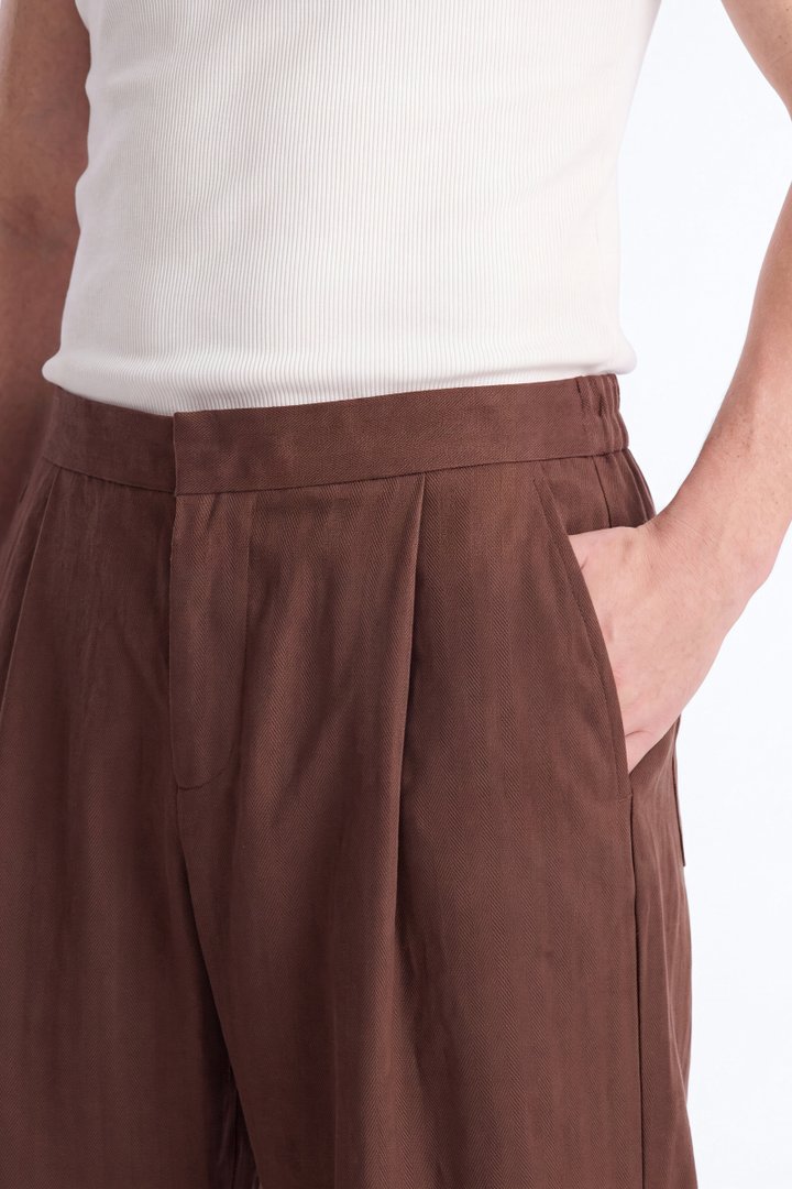 Linen Herringbone Relaxed Pant - Brown