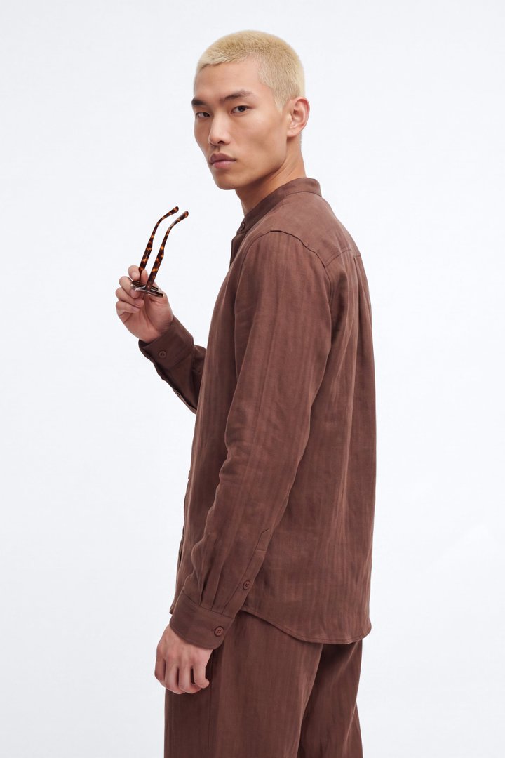 Linen Herringbone Chino Collar Button Up Shirt - LightBrown