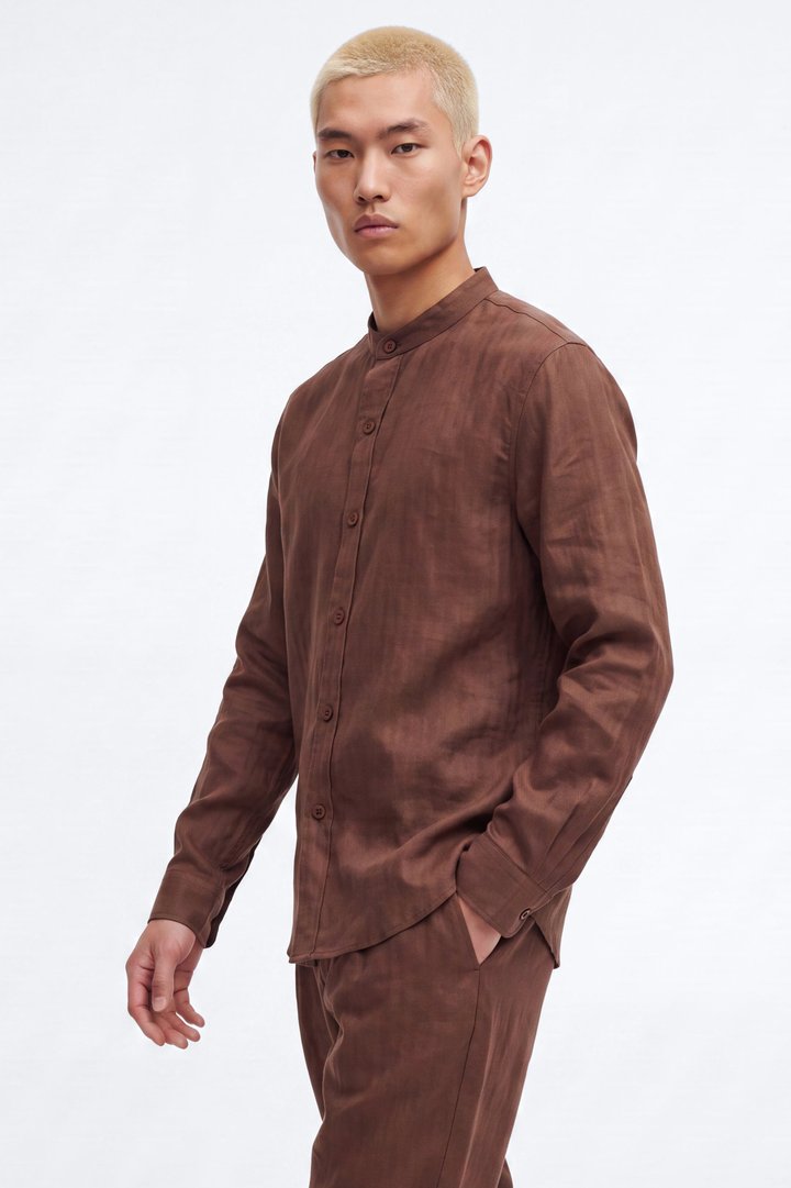 Linen Herringbone Chino Collar Button Up Shirt - LightBrown