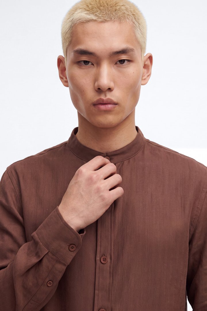 Linen Herringbone Chino Collar Button Up Shirt - LightBrown