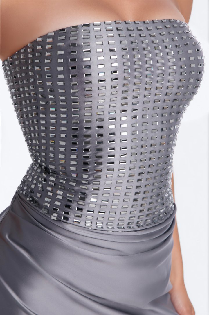 Not Your Average Embellished Satin Mini Dress - Slate Grey