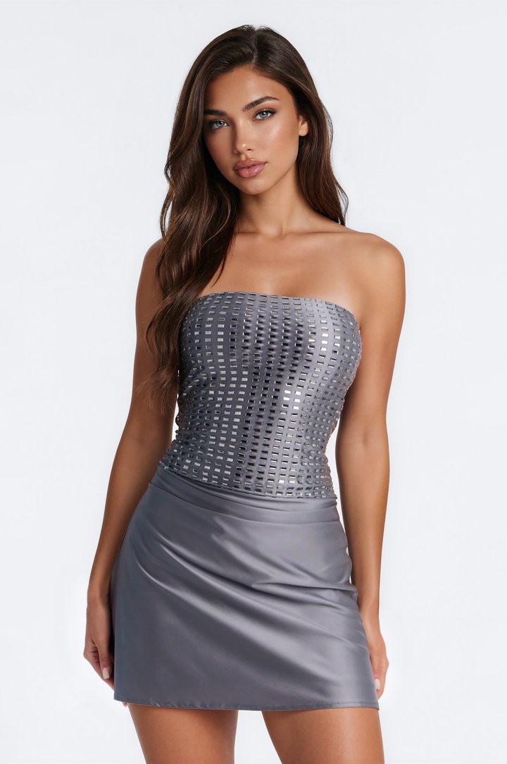Not Your Average Embellished Satin Mini Dress - Slate Grey