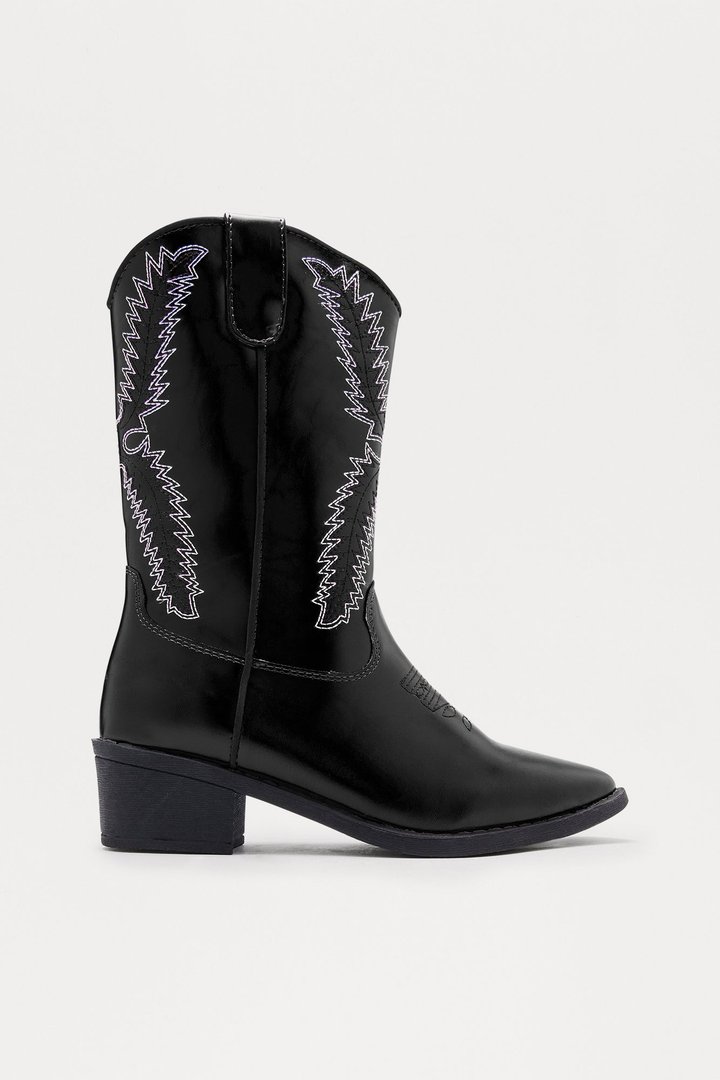 Spur Faux Leather Cowboy Boots - Black