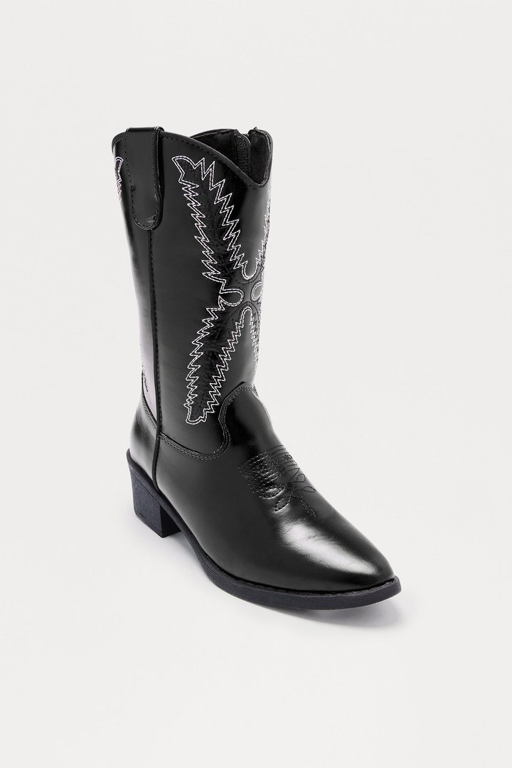 Spur Faux Leather Cowboy Boots - Black