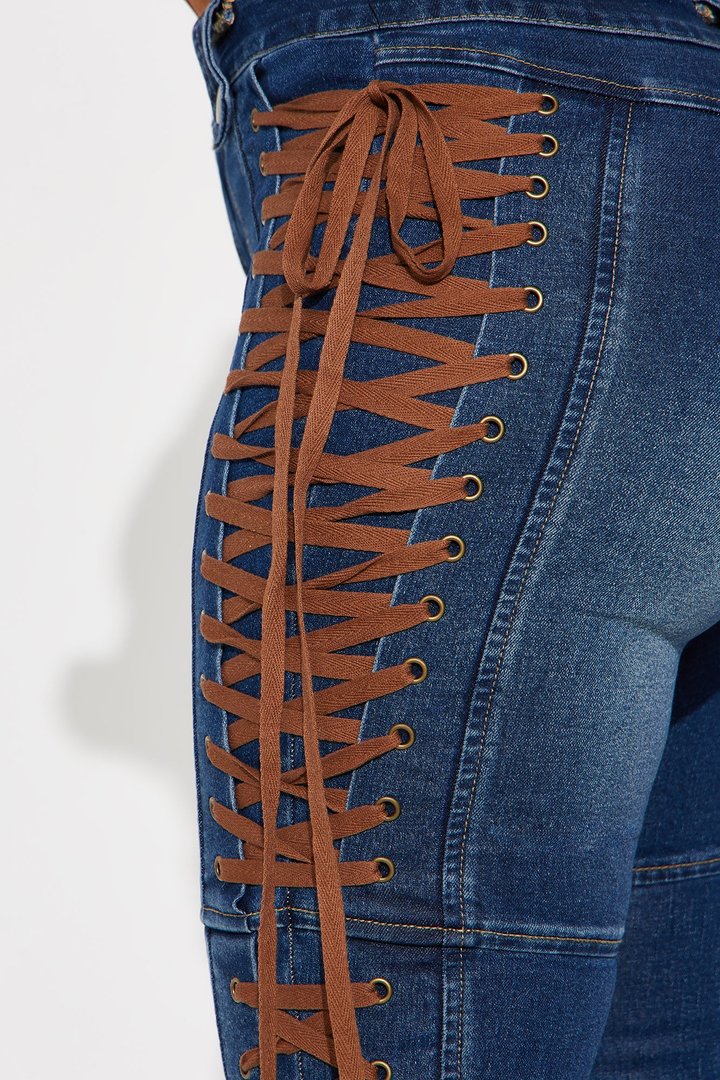 Jaw Dropper Stretch Lace Up Bootcut Jeans - Dark Wash