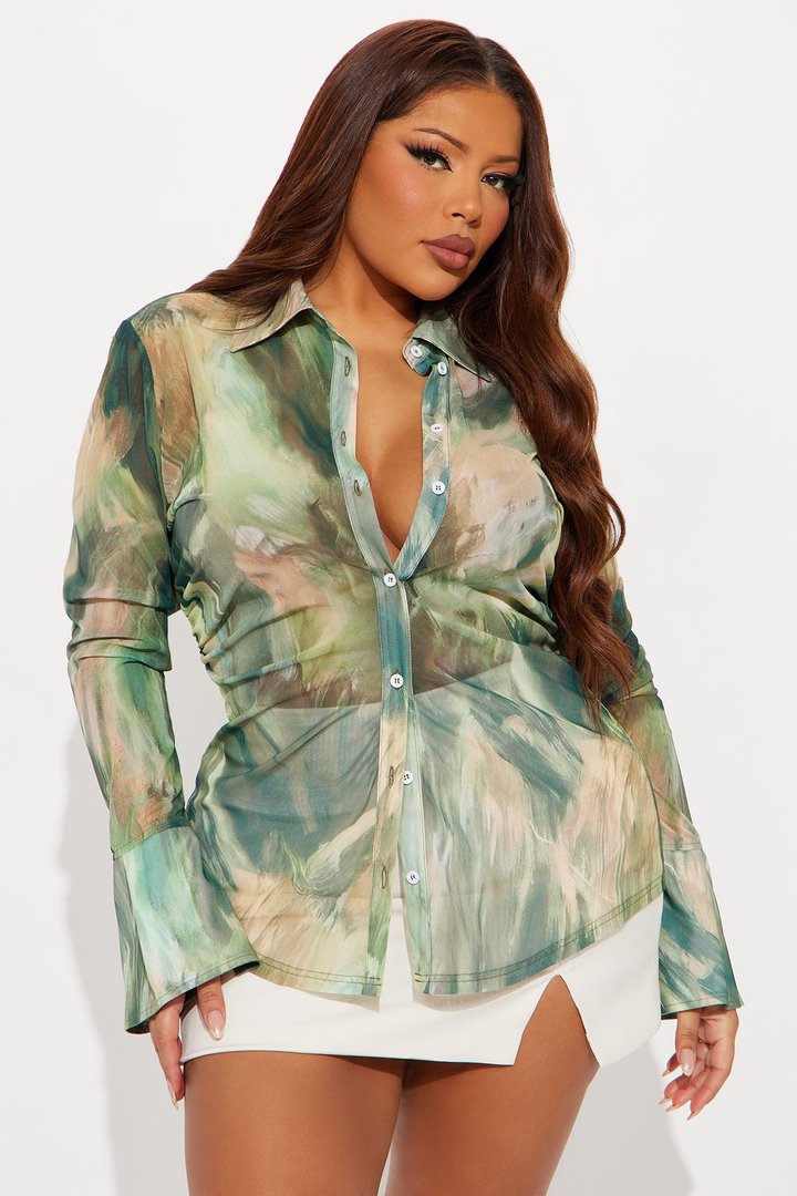 Lyra Mesh Button Up Shirt - Green/combo