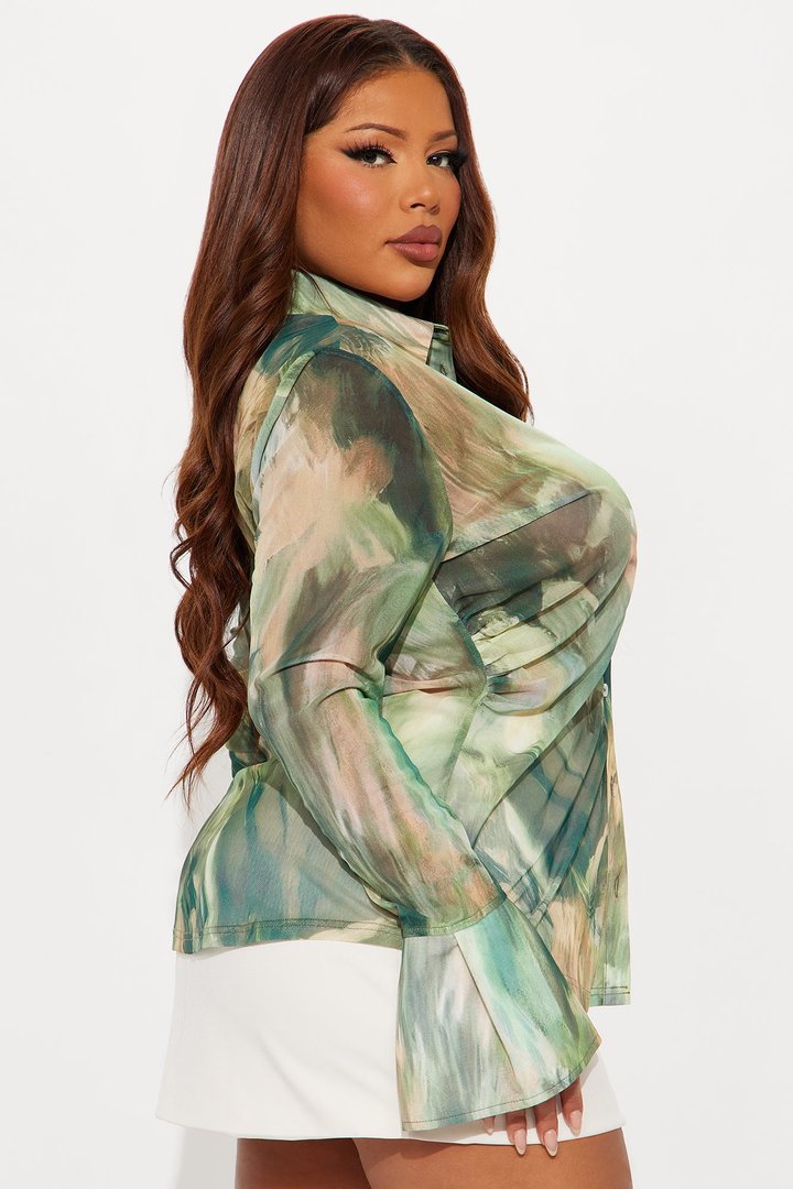 Lyra Mesh Button Up Shirt - Green/combo