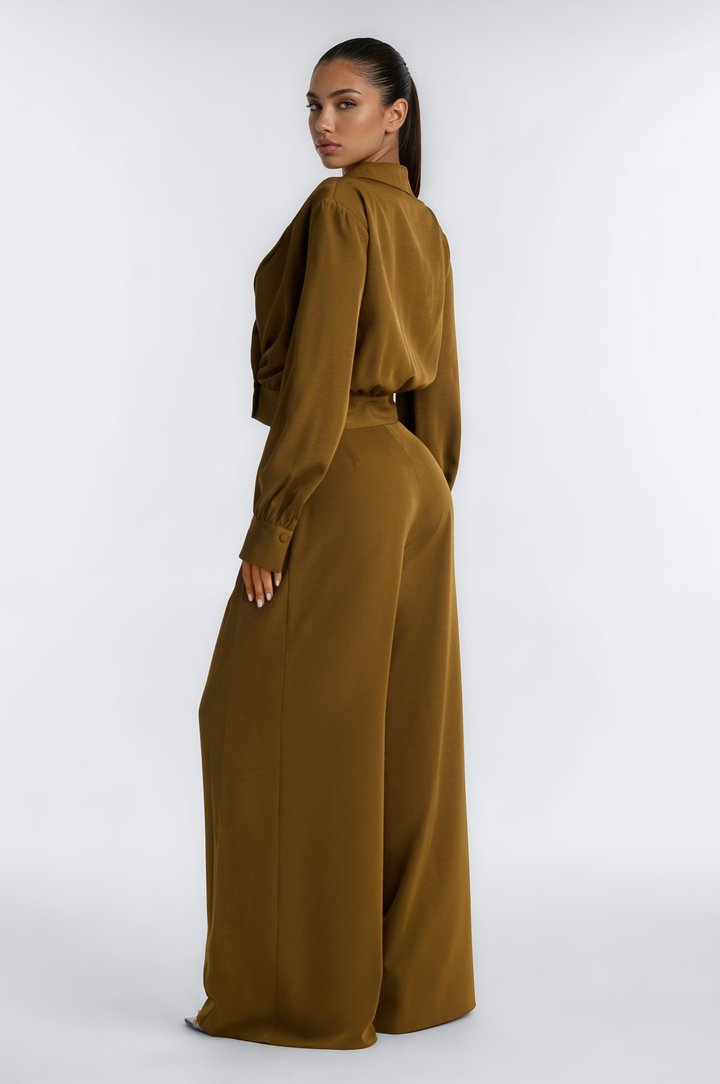Ozella Pleated Wide Leg Pant Set - Olive