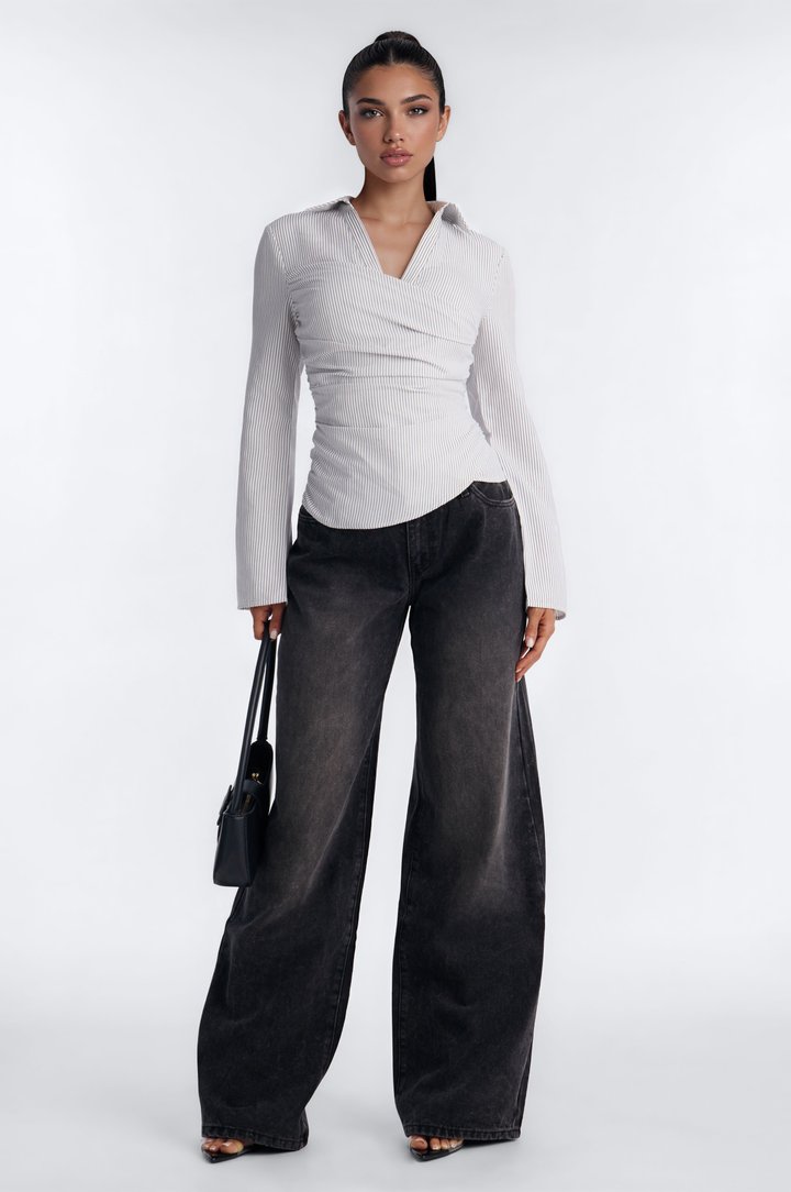 Modern Girl Ruched Pinstripe Top - White/Black