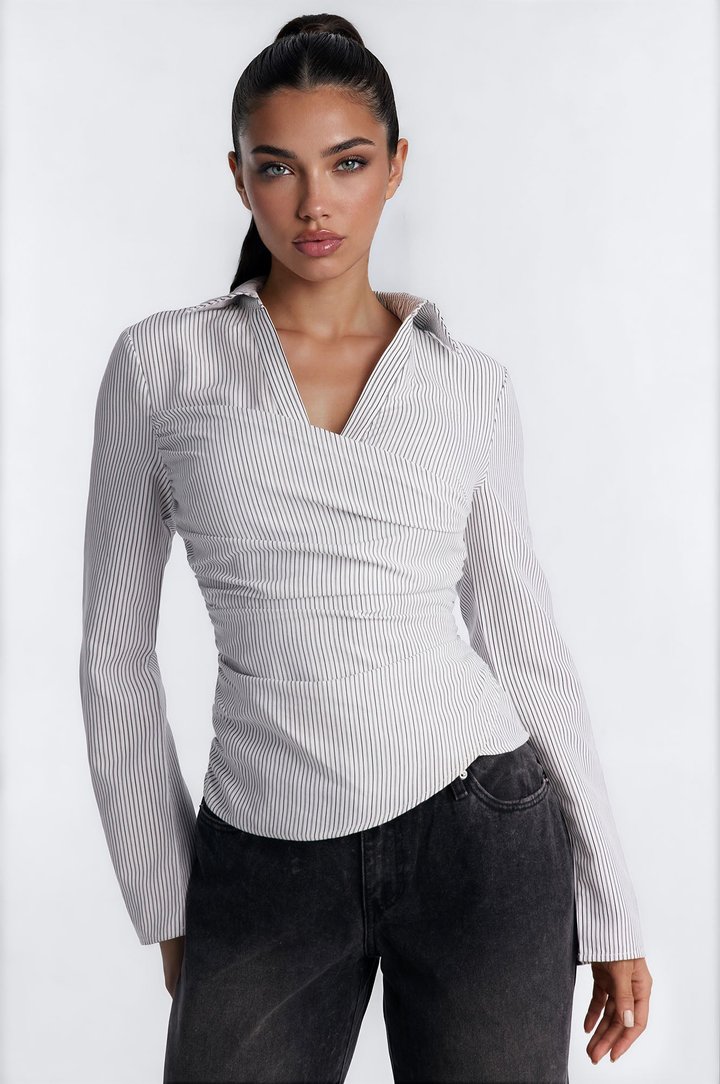 Modern Girl Ruched Pinstripe Top - White/Black