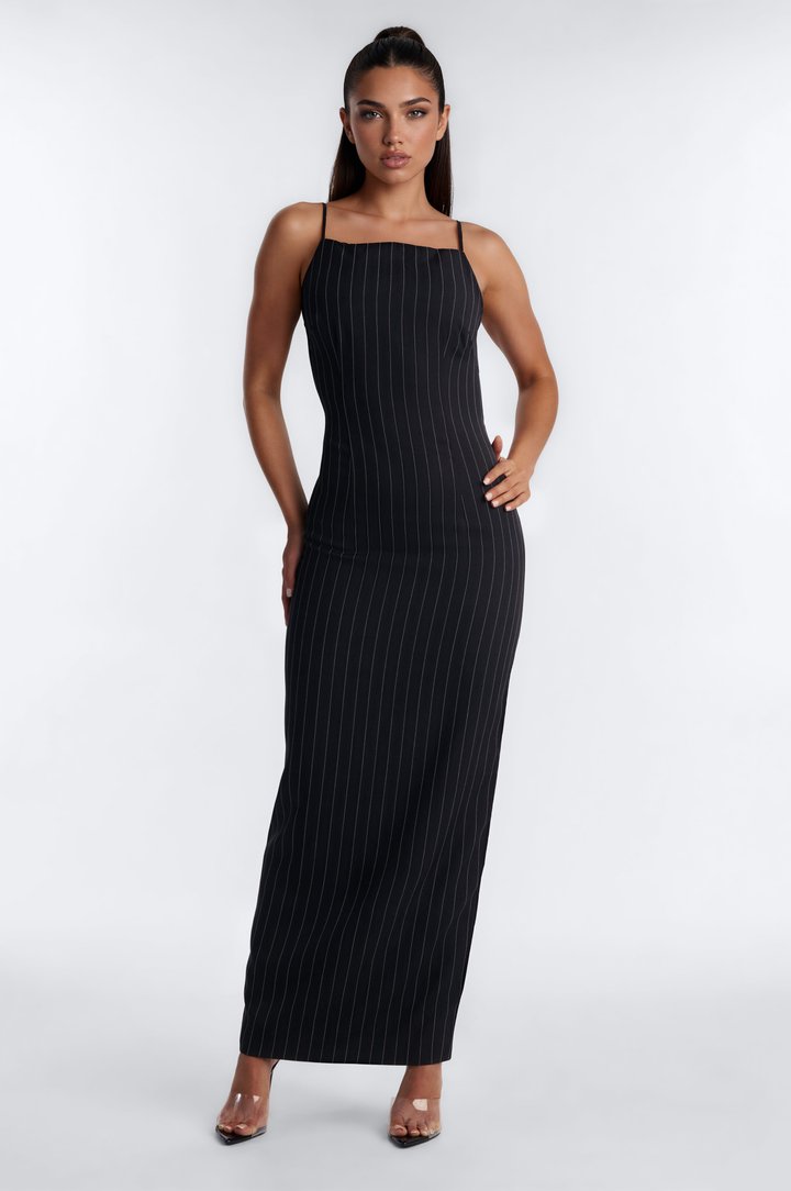 Access Granted Backless Pinstripe Maxi Dress - Black/White