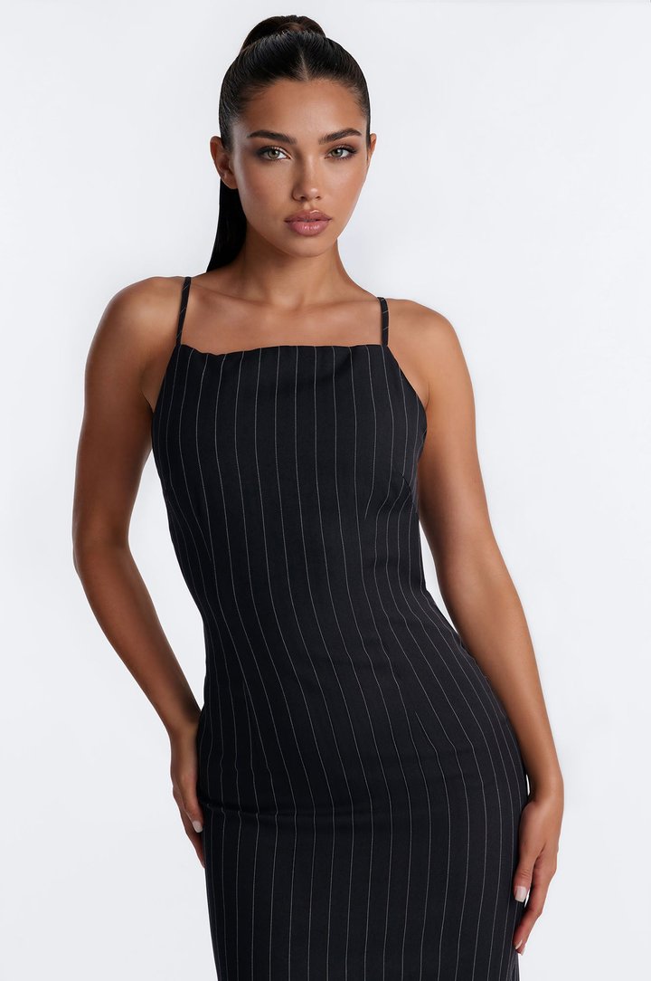 Access Granted Backless Pinstripe Maxi Dress - Black/White