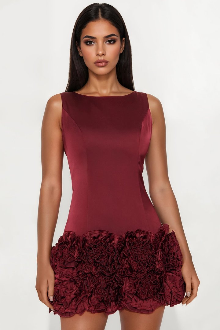 Sending Roses Satin Rosette Mini Dress - Wine