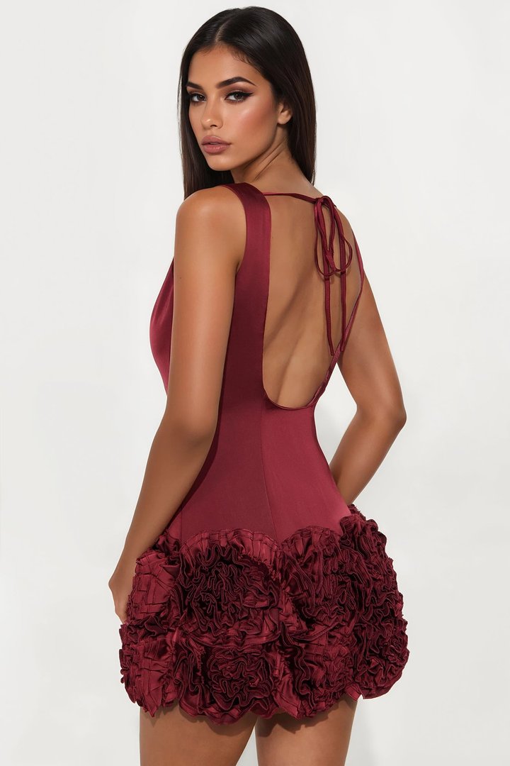 Sending Roses Satin Rosette Mini Dress - Wine