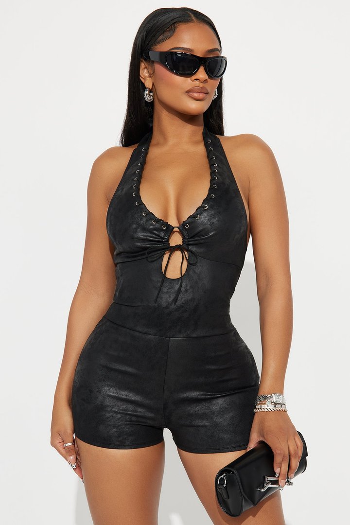 Talk Flirty To Me Faux Suede Romper - Black