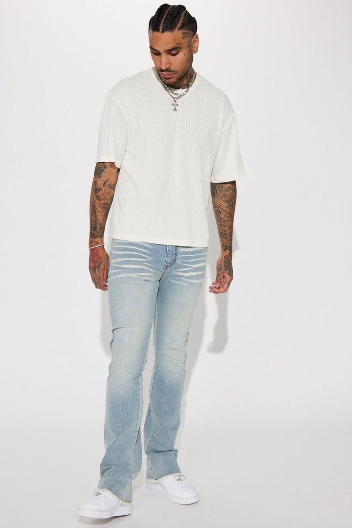 Along Side Zipper Stacked Skinny Flare Jeans - Light Blue Wash