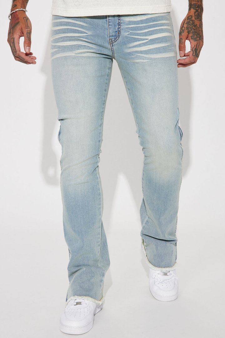 Along Side Zipper Stacked Skinny Flare Jeans - Light Blue Wash
