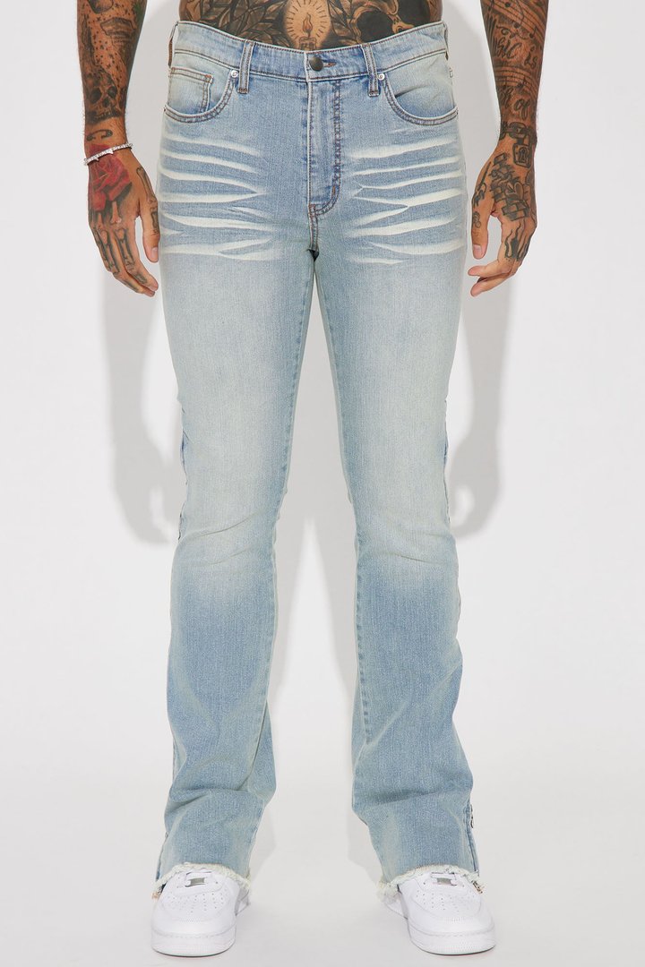 Along Side Zipper Stacked Skinny Flare Jeans - Light Blue Wash