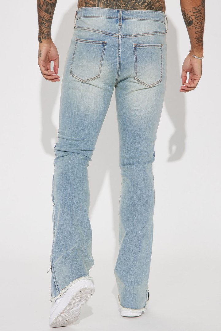Along Side Zipper Stacked Skinny Flare Jeans - Light Blue Wash