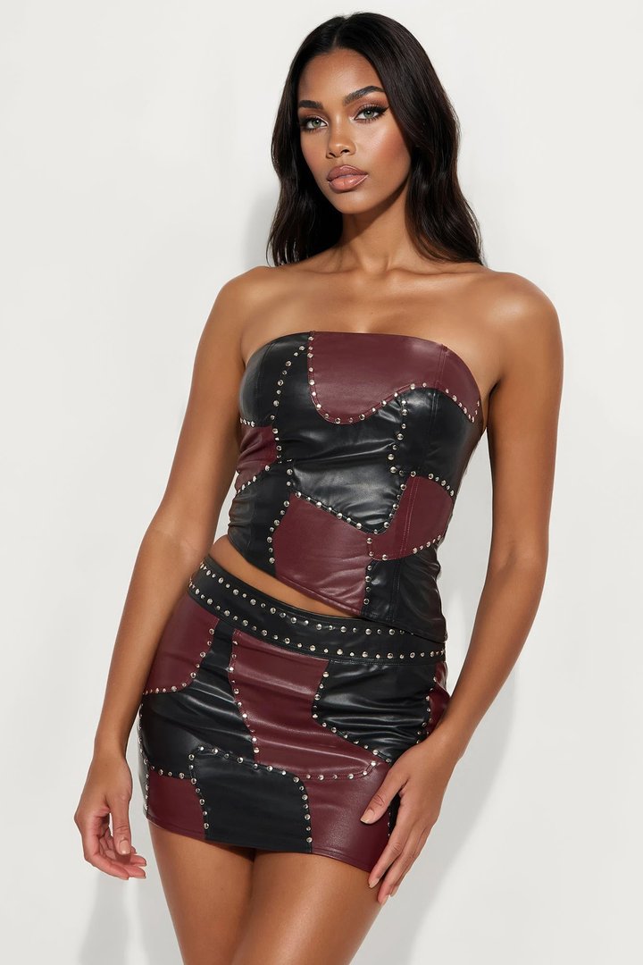 Split Decisions Faux Leather Skirt Set - Burgundy/combo