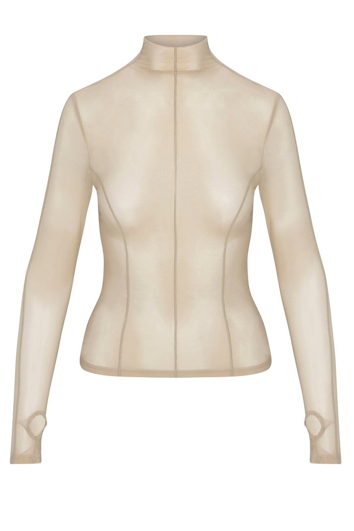Power Mesh Mock Neck Long Sleeve Top - Stone