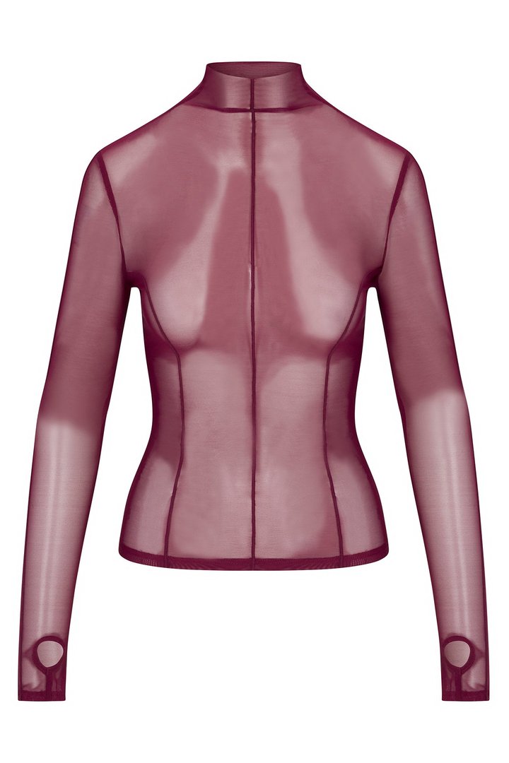 Power Mesh Mock Neck Long Sleeve Top - Wine