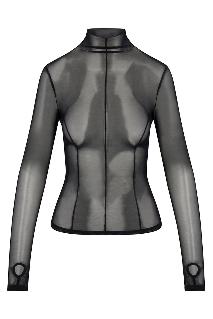 Power Mesh Mock Neck Long Sleeve Top - Black