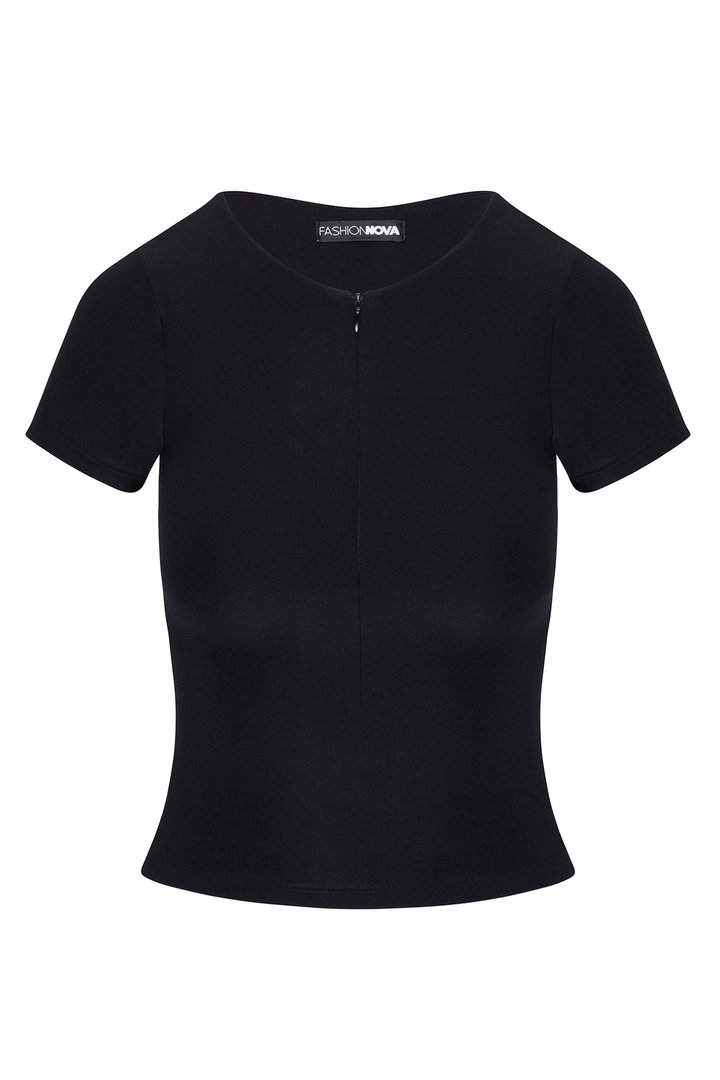 Second Skin Double Lined Zip Front Short Sleeve Top - Black