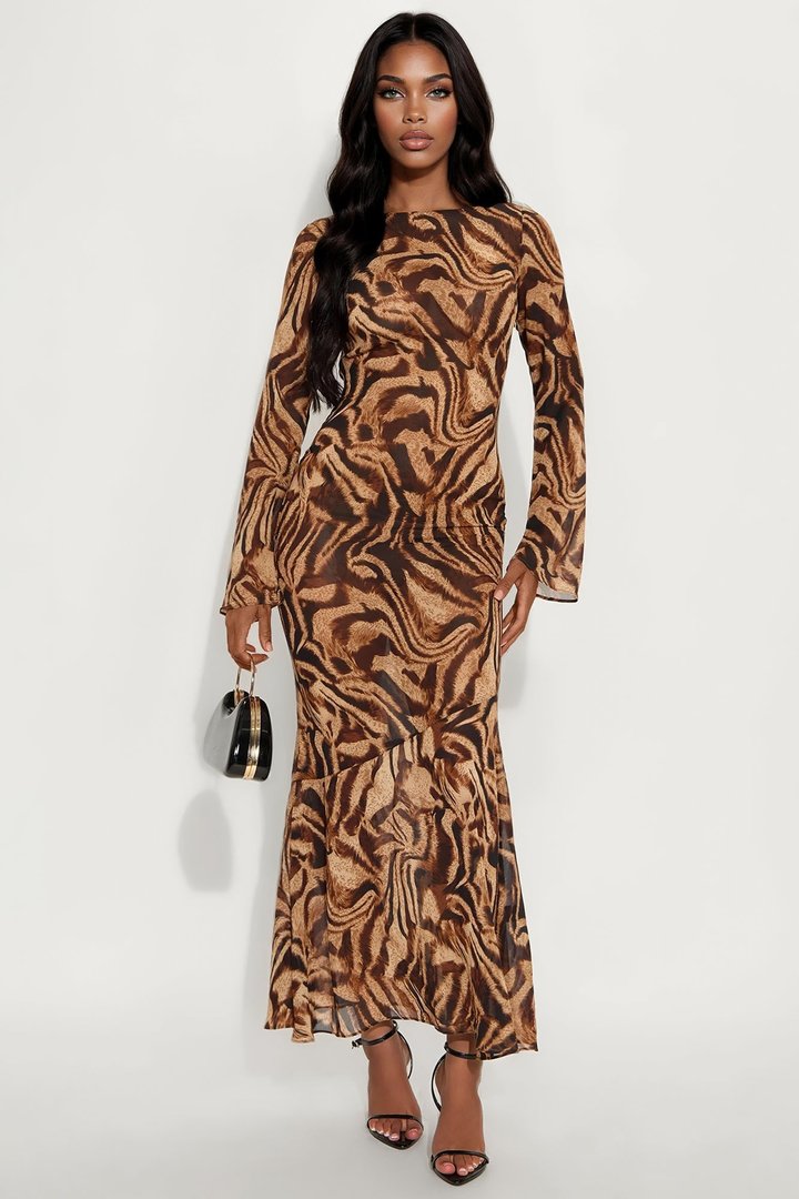 Mila Animal Print Maxi Dress - Brown/combo