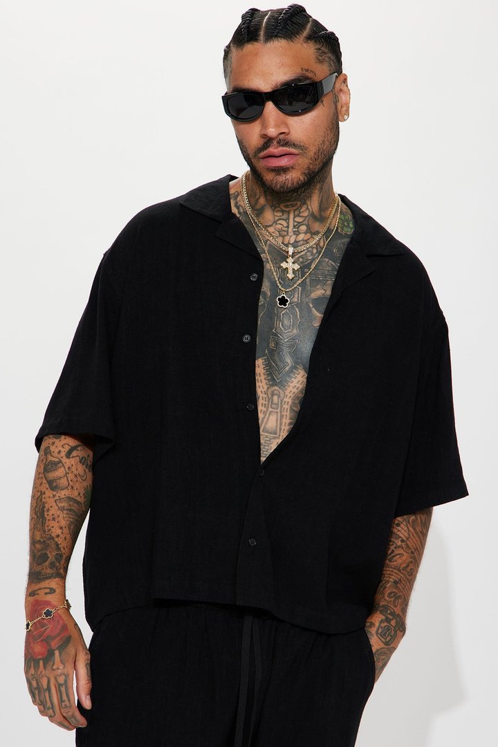 Solid Textured Linen Button Up Shirt - Black