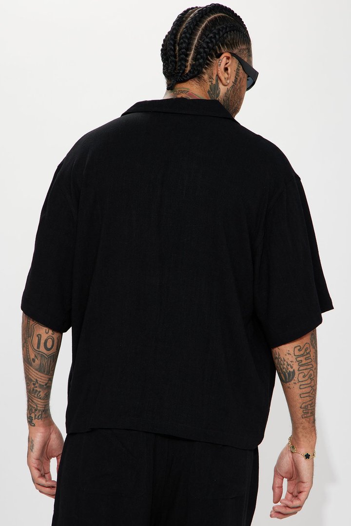 Solid Textured Linen Button Up Shirt - Black