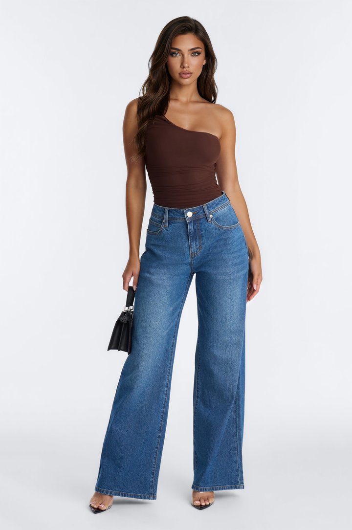 Riri Ruched One Shoulder Bodysuit - Brown