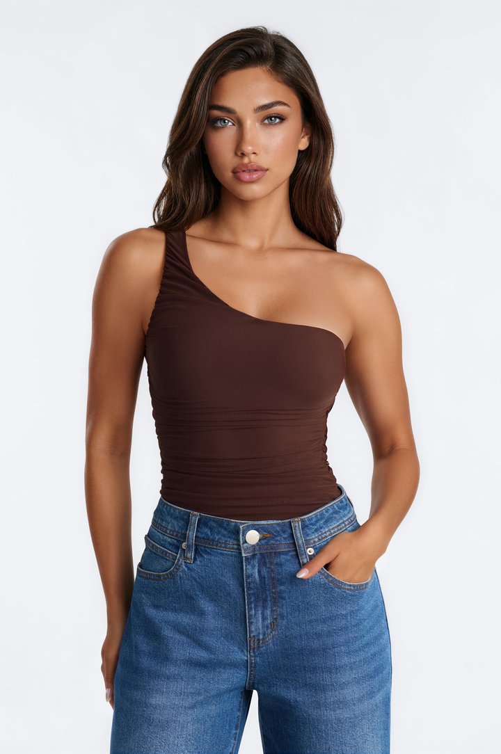 Riri Ruched One Shoulder Bodysuit - Brown
